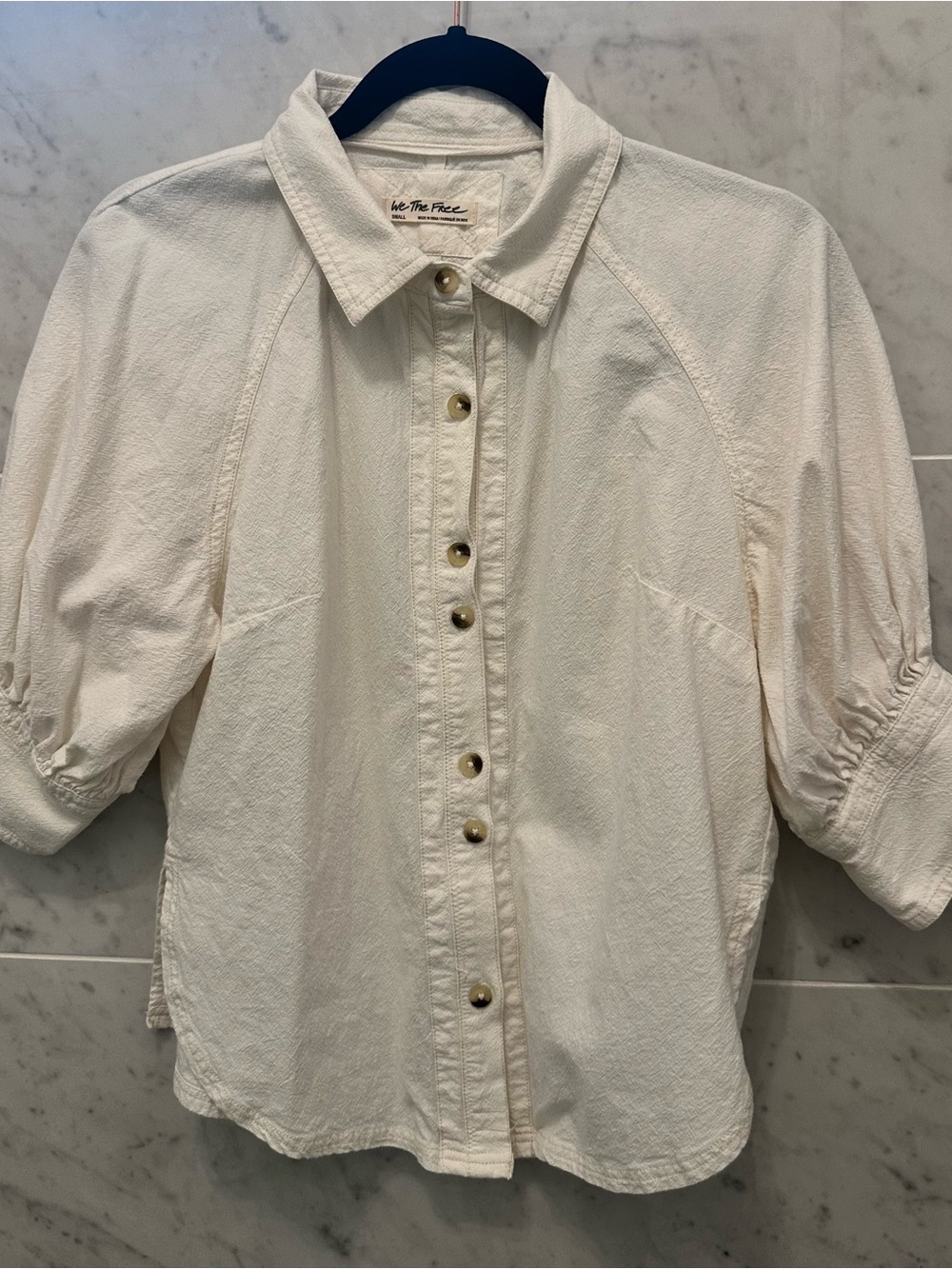 We The Free Off-White Button-Front Blouse with Puff Sleeve